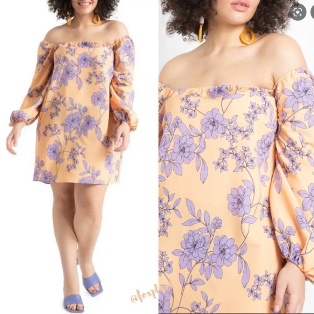 Eloquii Peach Off-Shoulder Lavender Floral Mini Dress and Belt